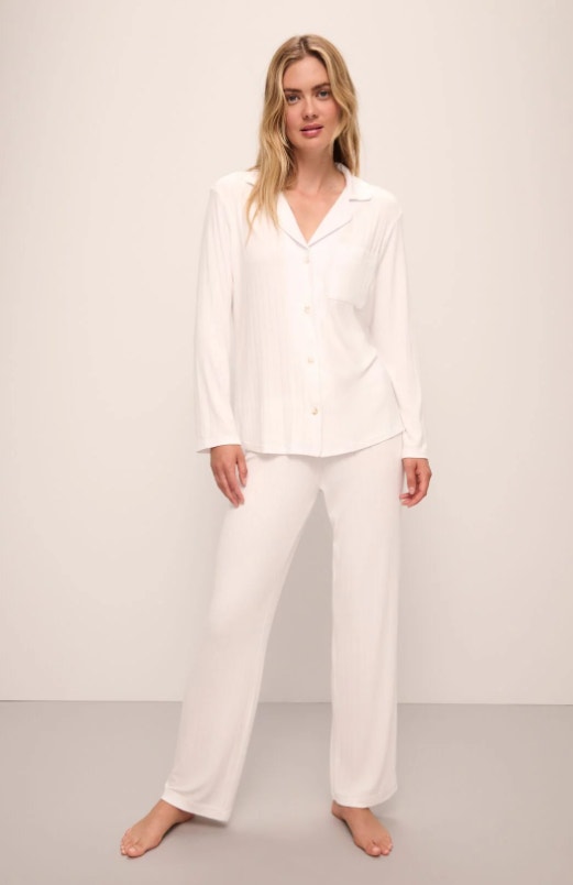 Eberjey Women's Gisele Rib Long Pj Set Large White Tencel Modal Nwt